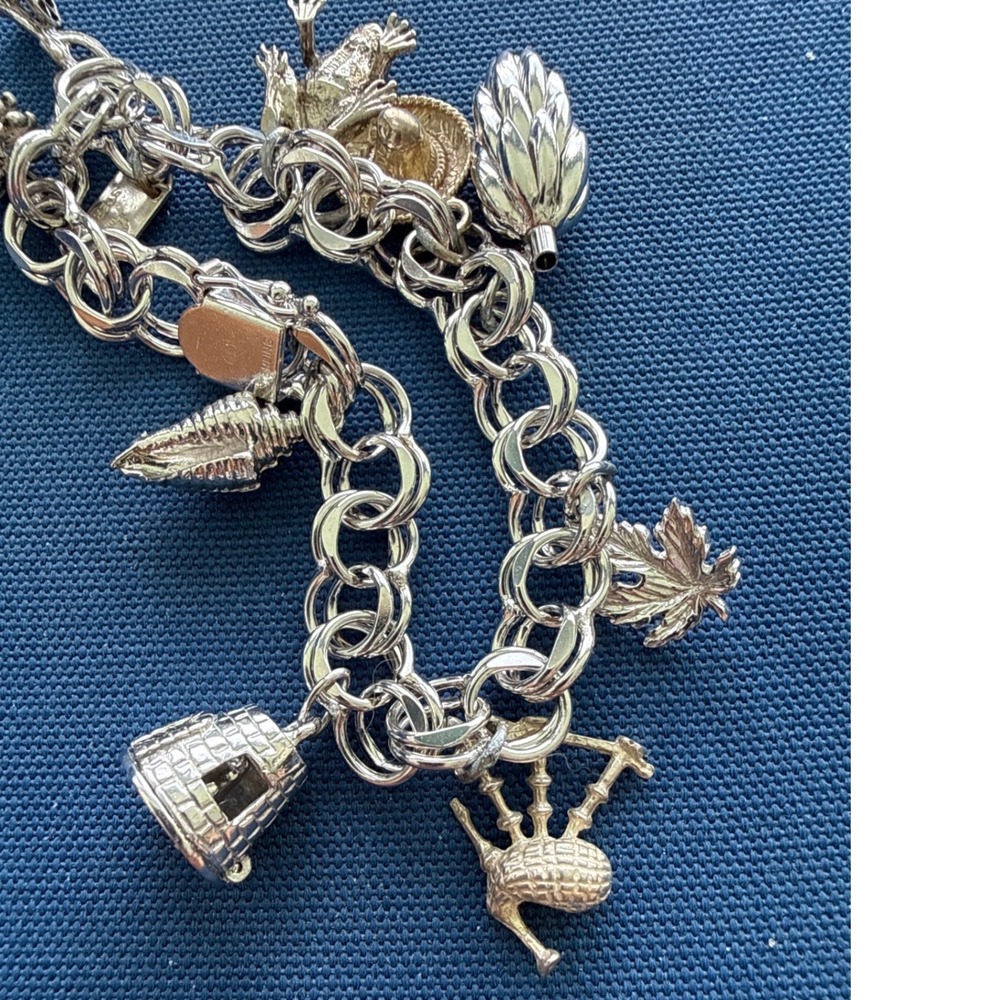 Vtg 925 Sterling Silver Charm Bracelet Frog Cactus Sewing Shell Sombrero Chunky - Picture 13 of 16